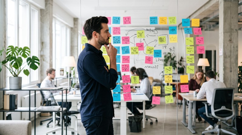 Sticky notes on a board showing different freelance niches like writing, design, and marketing