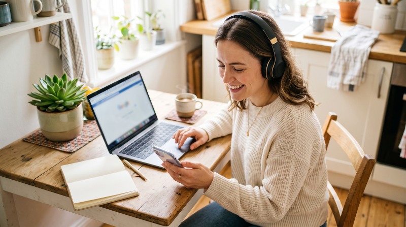 Freelancer replying to a client message on her phone and laptop