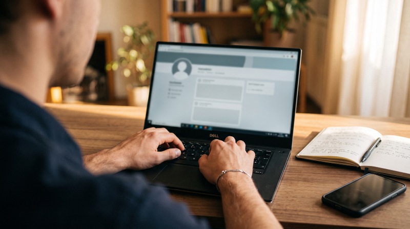 Laptop screen showing an online freelancer profile with a portfolio section