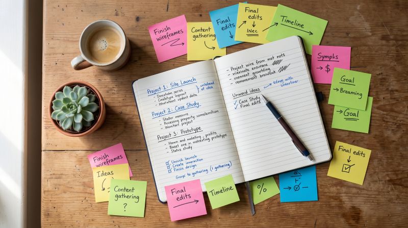 Sticky notes and a notebook with project ideas laid out on a desk