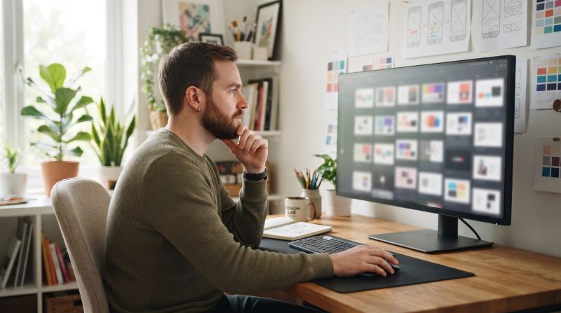 Designer reviewing portfolio layout options on a monitor