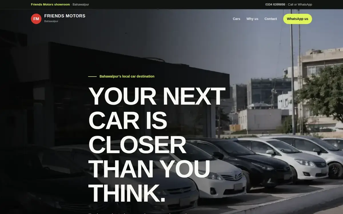 Friends Motors car dealership homepage with showroom cars and enquiry navigation